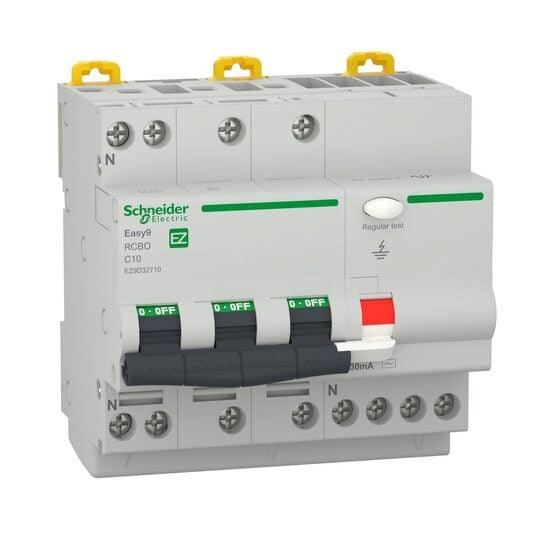 Disjunctor diferential trifazat Easy9 3P+N 10A 30mA AC curba C - SKU:  EZ9D32710