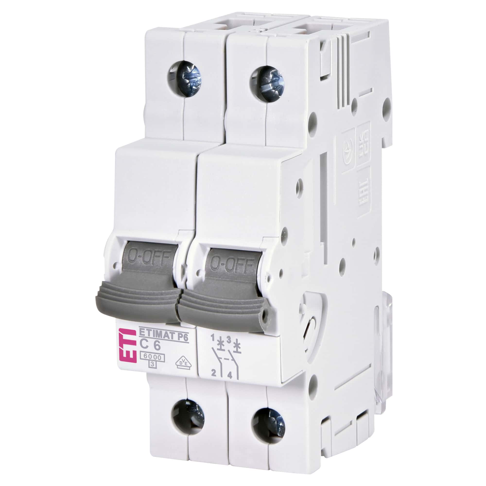 Disjunctor bipolar ETI 2P 6A curba C 6kA - SKU: 1900227