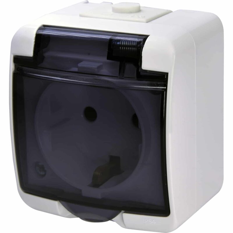 Priza 2P+E ETI, aplicata, cu capac transparent alb, IP44 - SKU:  4668016