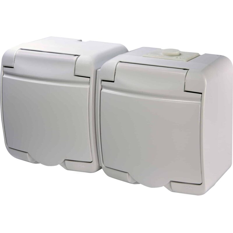 Priza dubla cu capac opac, aplicata, alb, IP44, 16A, cu protectie - SKU:  4668019