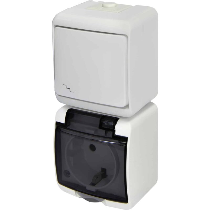 Priza 2P+E cu intrerupator scara, verticala, fumurie, IP44 - SKU:  4668030