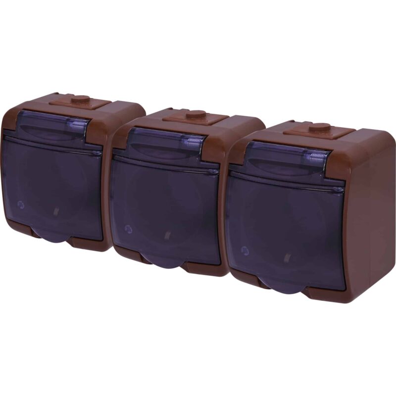 Priza tripla 2P+E ETI, maro cu capac transparent, IP44, aplicata - SKU:  4668055
