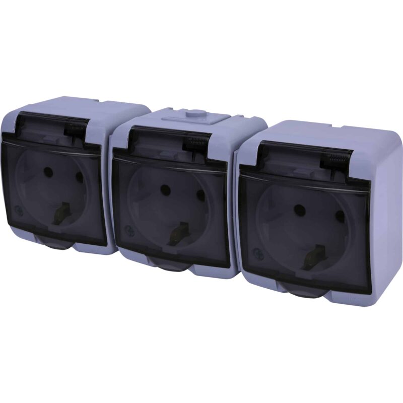Priza tripla cu capac transparent, aplicata, gri, IP44 - SKU:  4668075