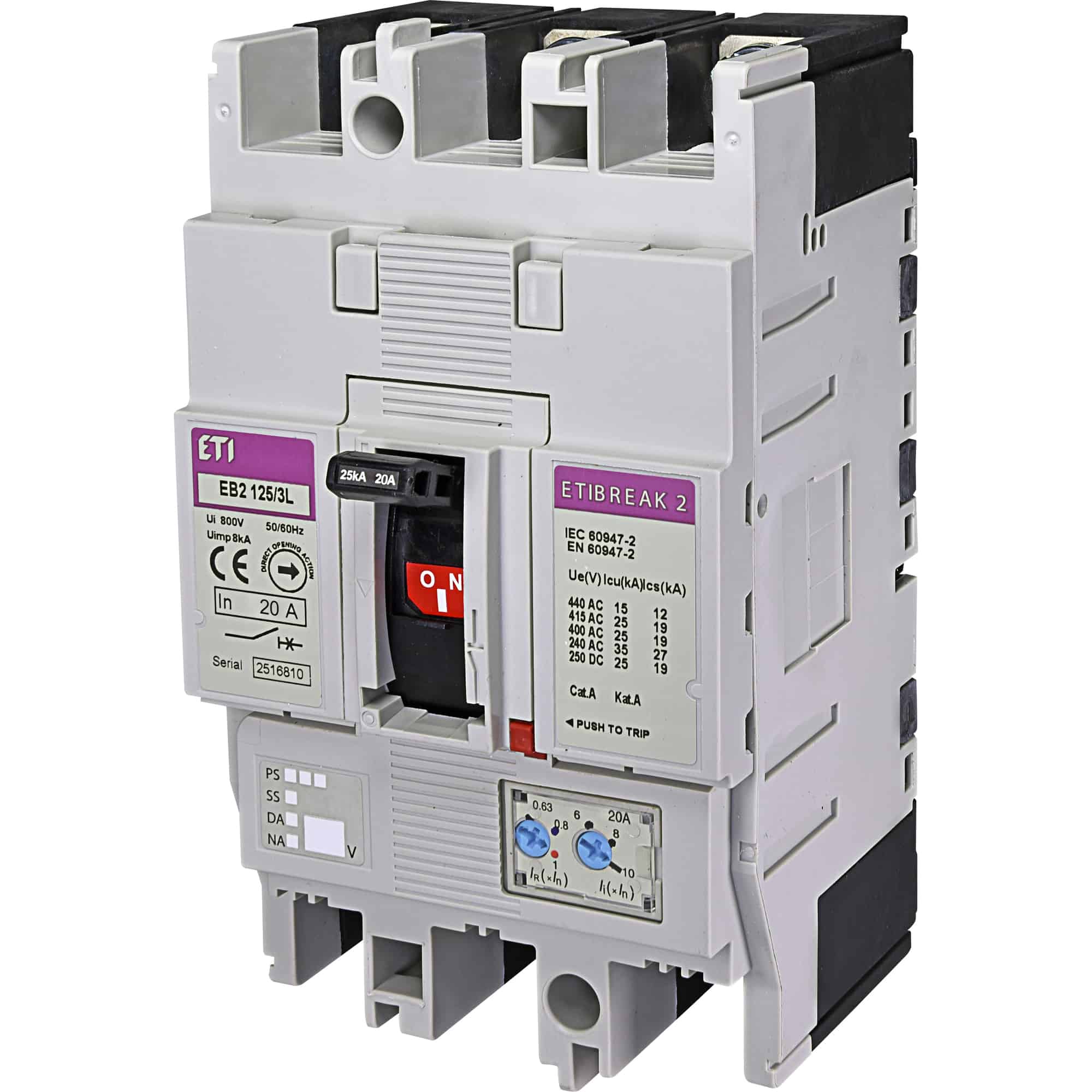 Intrerupator automat MCCB 125 ETI, S, 3P, 36kA, reglabil, 63A - SKU: 4671044
