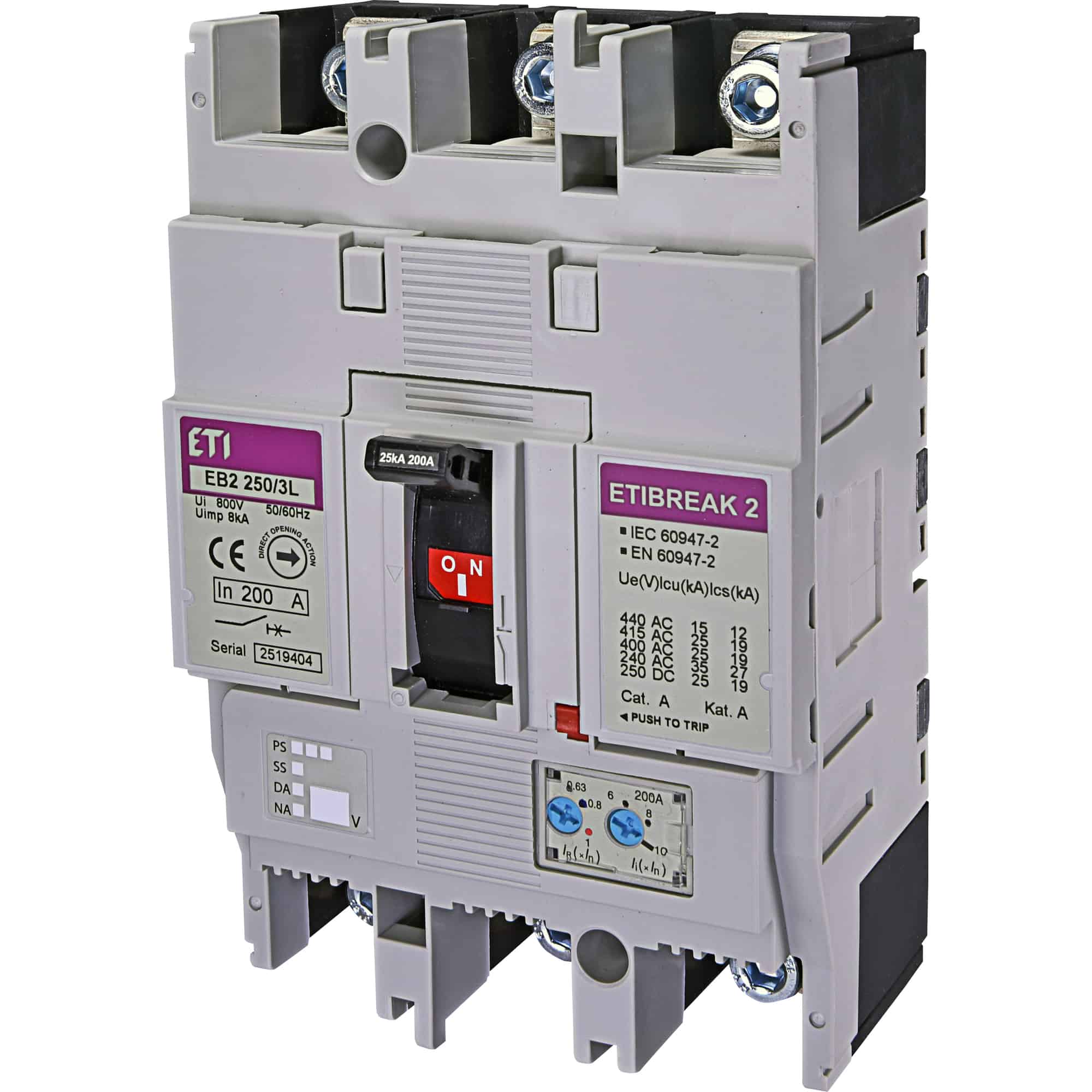 Intrerupator automat MCCB 250 ETI, 3P, 25kA, reglabil, 200A - SKU: 4671072