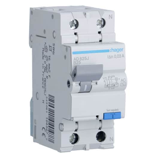 Siguranta automata diferentiala monofazata 25A 30mA curba B RCBO tip AC 4.5kA - SKU:  AD825J