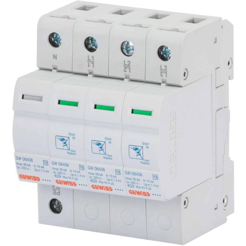 Descarcator supratensiune 3P+N 20kA tip 2, 4 module, 400V AC - SKU:  GWD6409