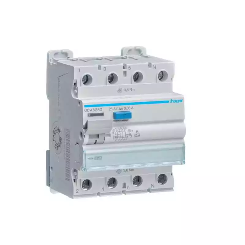 Intreruptor diferential 4 poli 10kA 25A 30mA Tip A - SKU:  CDA625D