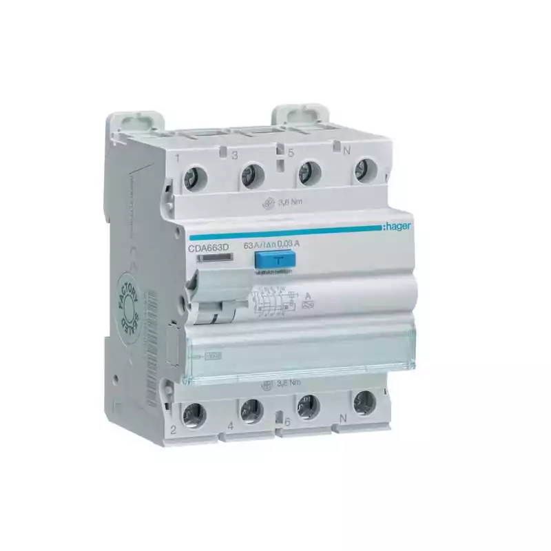 Intreruptor diferential 4 poli 10kA 63A 30mA Tip A - SKU:  CDA663D