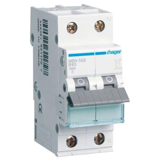 Disjunctor bipolar Hager 1P+N, 63A, curba B, 6kA - SKU:  MBN563