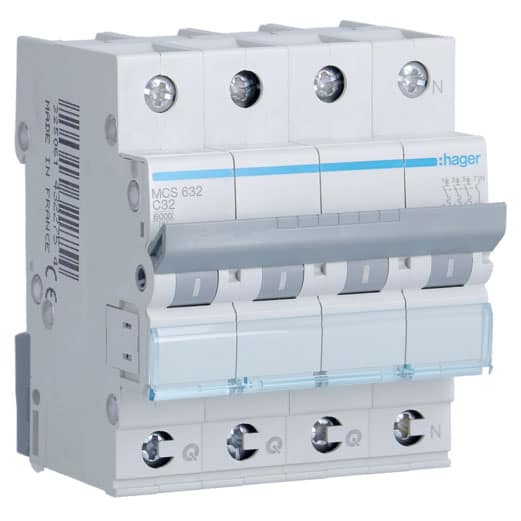 Disjunctor tetrapolar 3P+N 32A curba C 6kA Hager - SKU:  MCS632