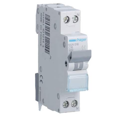 Intrerupator automat bipolar Hager 1P+N 16A curba C 4.5kA - SKU:  MJN516