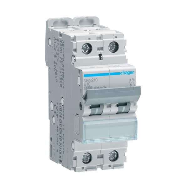 Disjunctor bipolar Hager 2P 10A curba B 10kA - SKU:  NBN210