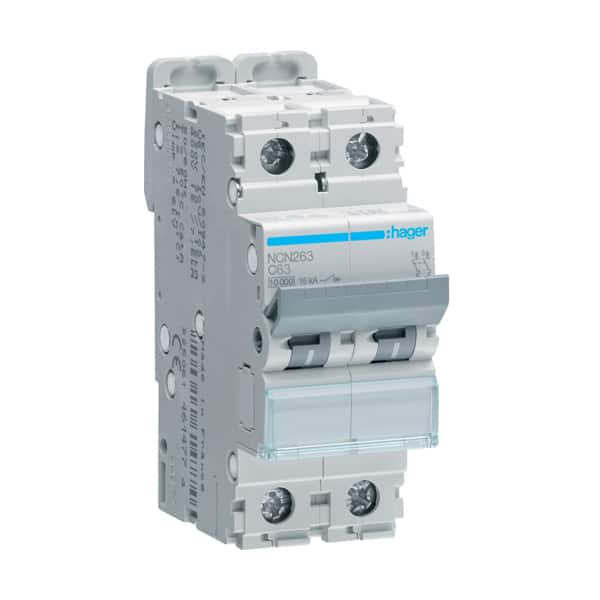 Disjunctor bipolar Hager 2P 63A curba C 10kA - SKU:  NCN263