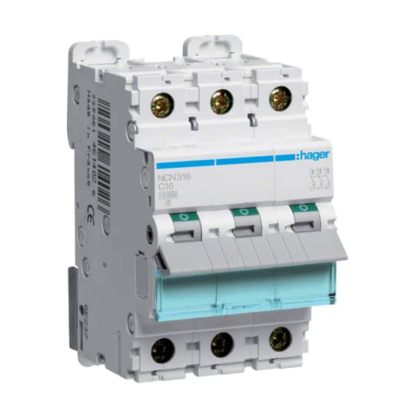 Disjunctor tripolar Hager 3P 16A curba C 10kA - SKU:  NCN316