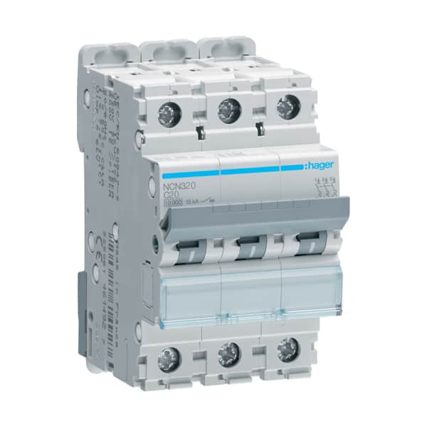 Disjunctor tripolar Hager 20A curba C 10kA - SKU:  NCN320