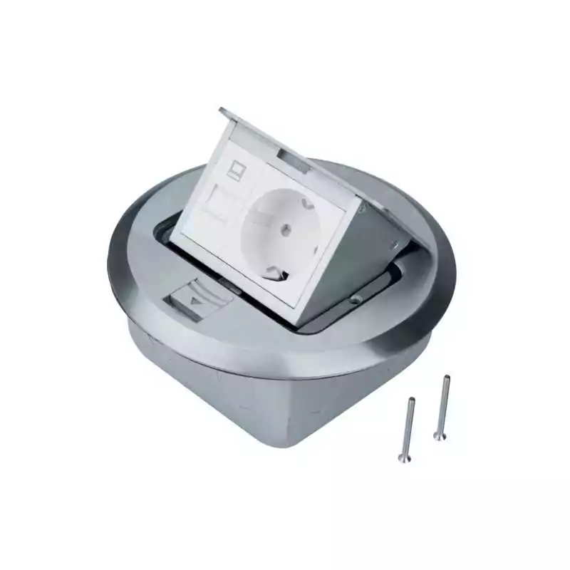 Priza de podea runda din placa slefuita inox Rastec 45 U si RJ45 - SKU:  BSRRJ45R45E